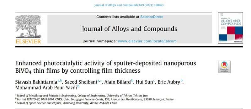 Activité photocatalytique améliorée des films minces de BiVO₄ nanostructurés déposés par pulvérisation cathodique en contrôlant l'épaisseur du film (2021)